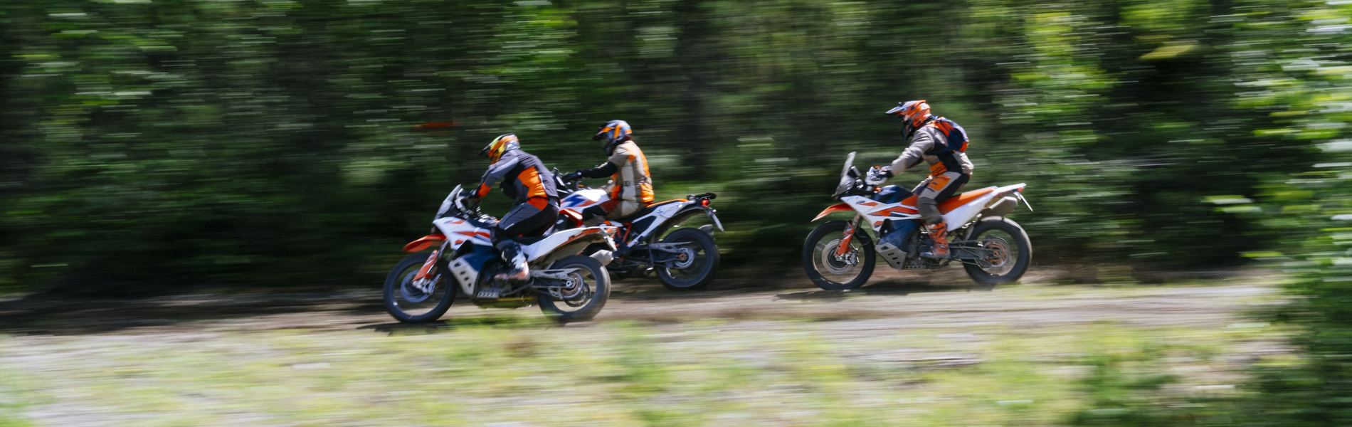 Three riders on adventure bikes on a forest road